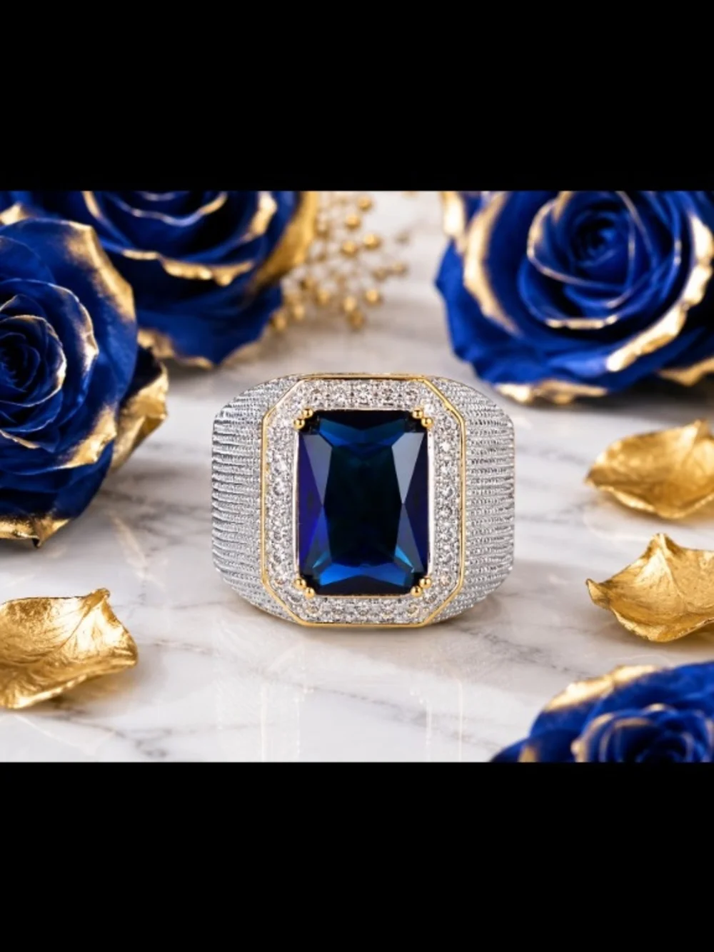 Men's Gold & Silver Tone Ring Size 8 with Deep Blue Center Stone & Cz Crystals